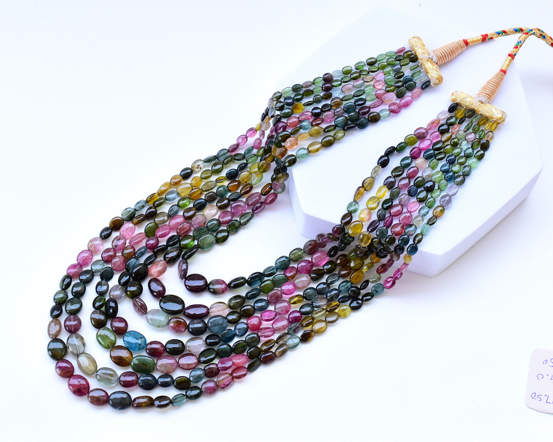 Multi Strand Tourmaline Oval Beads Necklace