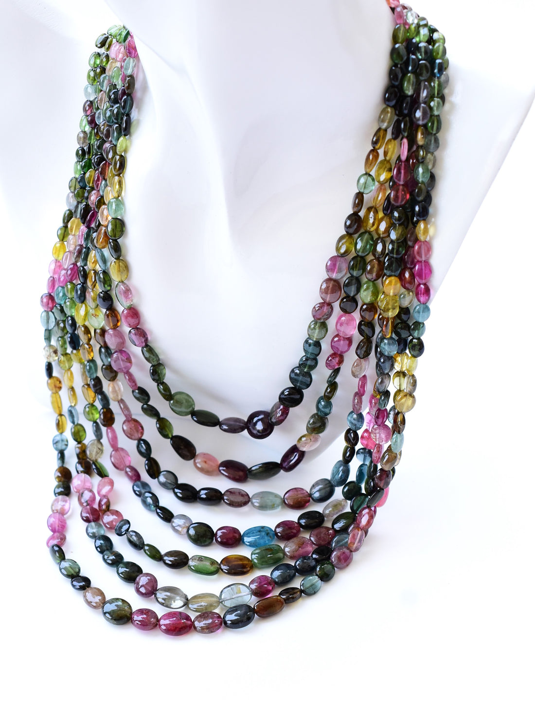 Multi Strand Tourmaline Oval Beads Necklace