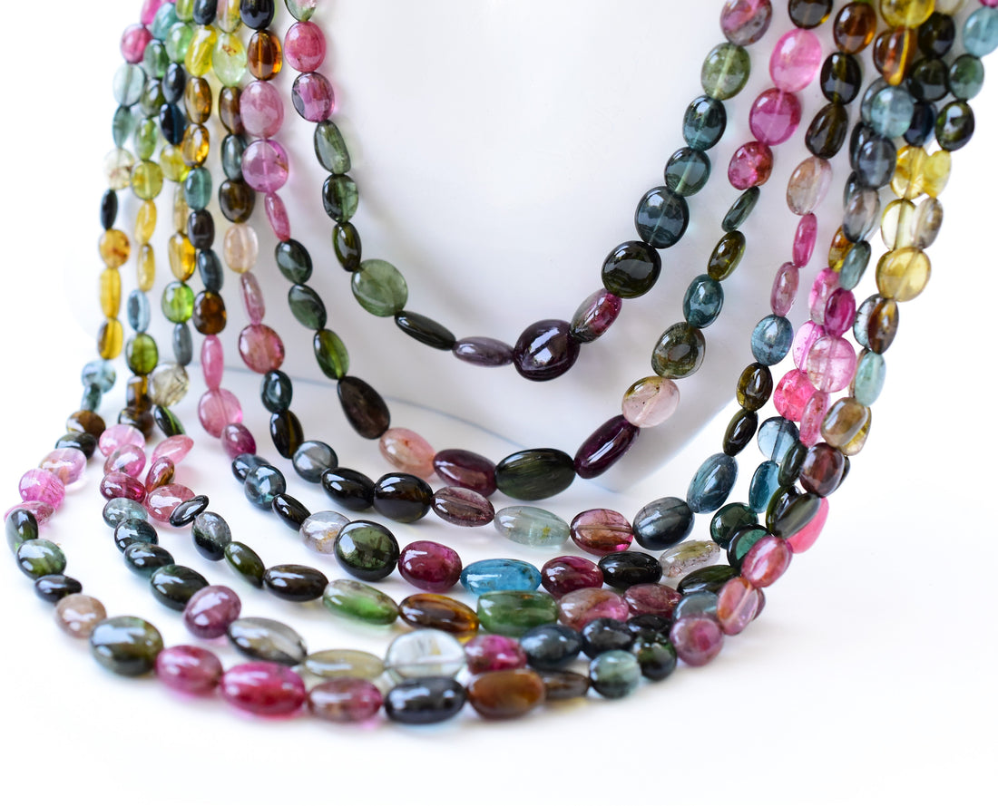 Multi Strand Tourmaline Oval Beads Necklace