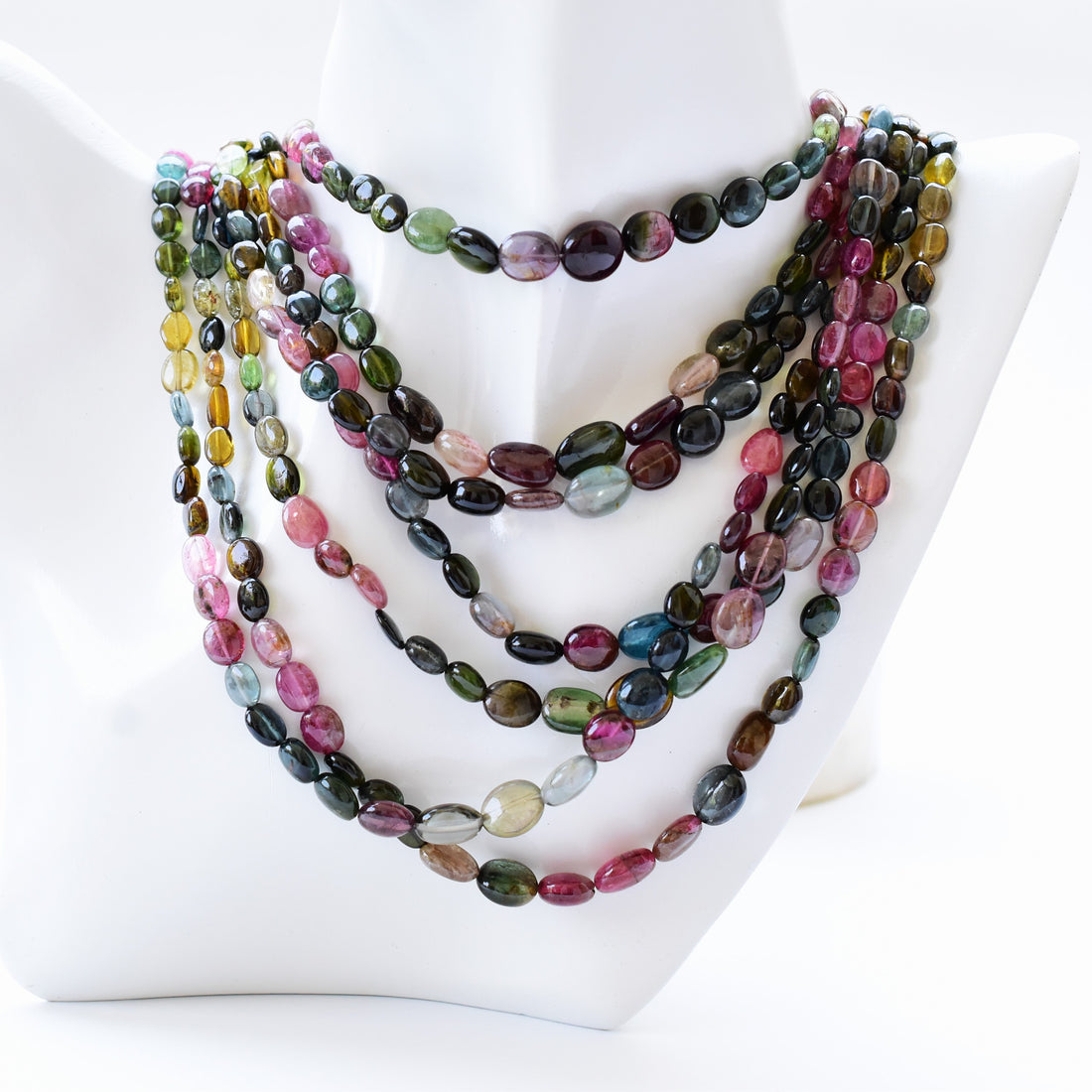 Multi Strand Tourmaline Oval Beads Necklace